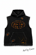A black sleeveless hoodie with distressed details, a large circular 'AETH' logo on the chest, and ripped graphic elements, displayed on a wet asphalt road with a white painted line.