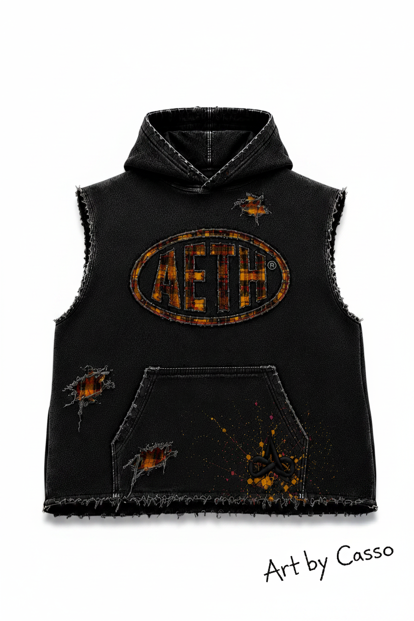 A black sleeveless hoodie with distressed details, a large circular 'AETH' logo on the chest, and ripped graphic elements, displayed on a wet asphalt road with a white painted line.